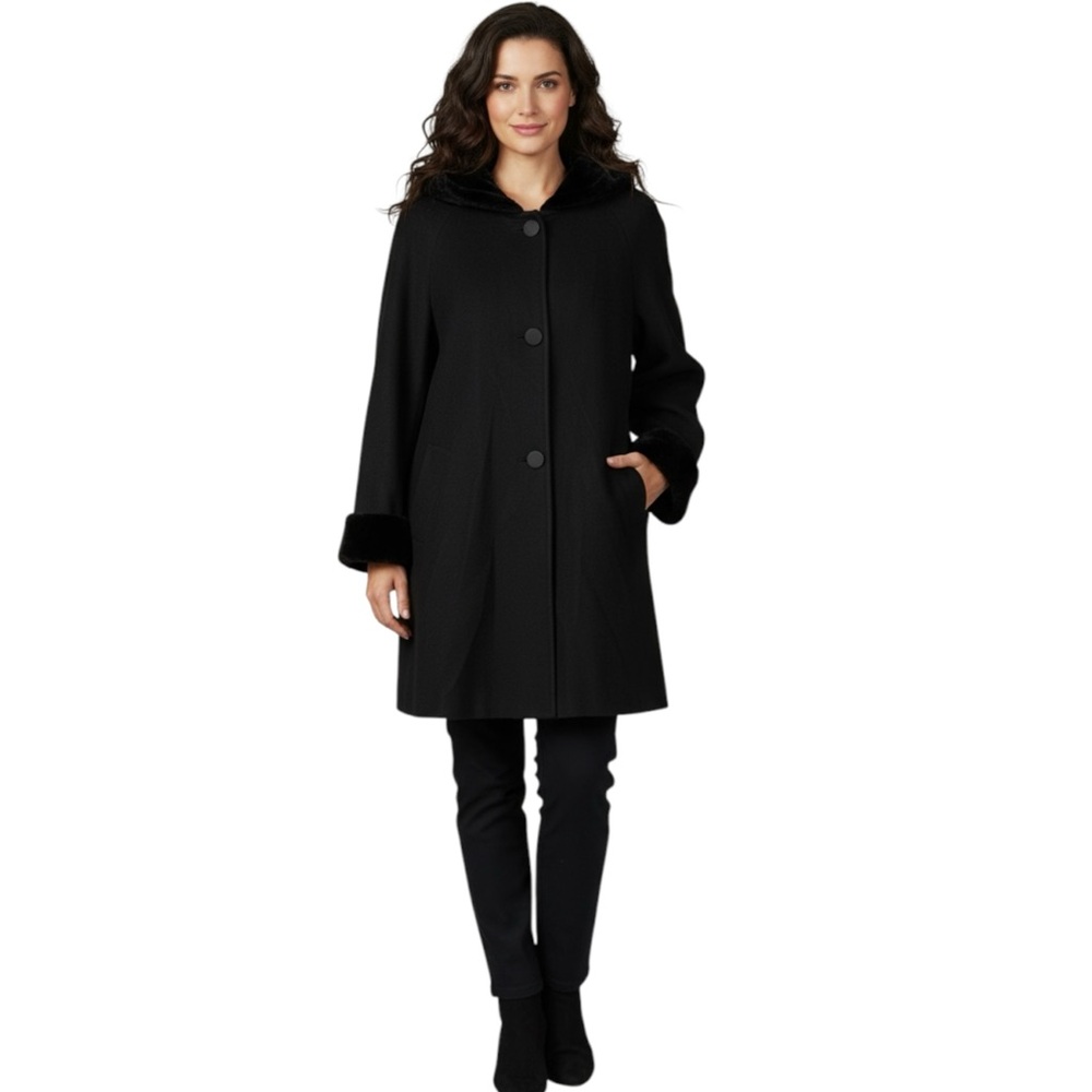 Vintage Herman Kay  Black Women's Cape Coat with Velvet cuffs and hood lining 1X